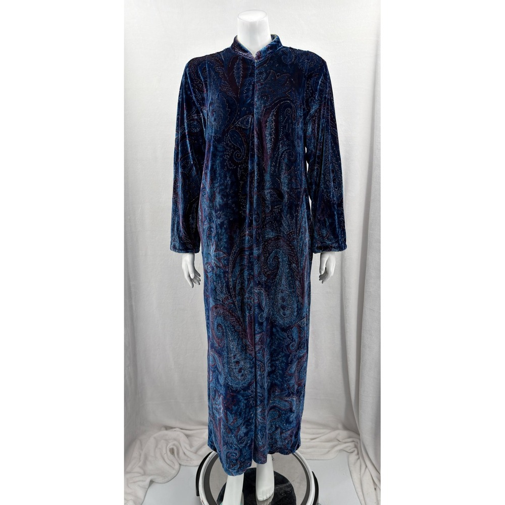 Serengeti Dress Womens Small Blue Velvet Paisley Maxi Zip Front Shimmer Holiday
